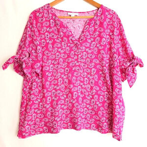 100% Linen Charter Club Luxury Top Womens Pink Paisley  Blouse Short Sleeves XXL